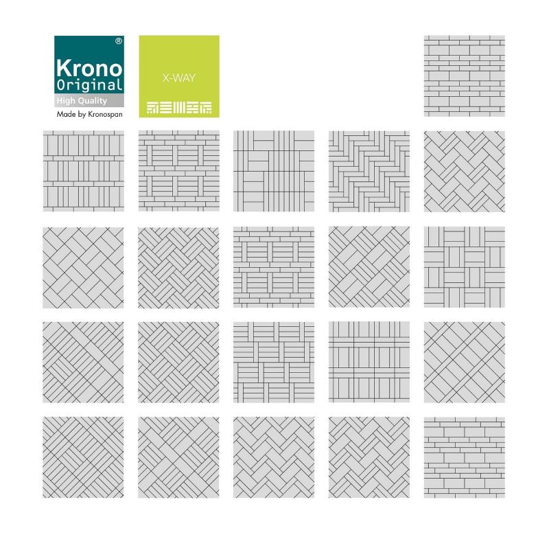 A Krono Original X-Way laminált padló különlegessége a végtelen számú burkolási minta, a halszálkától a négyzetesig, ami korlátlan padlótervezési lehetőséget biztosít a dizájn számára.