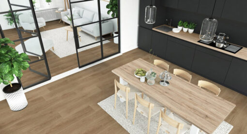 A közepes, barna árnyalatú Kronostep SPC vinyl padló Z216 Buffalo Oak kiváló alap egy otthonos környezet megteremtéséhez.